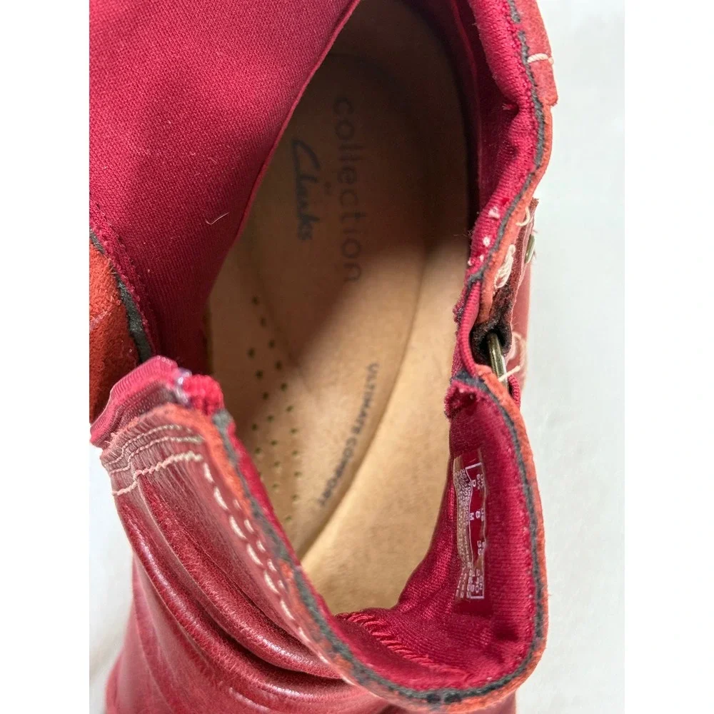 Clarks Collection Caroline Orchid Ankle Boots Women 8 Red Leather Ruched Comfort